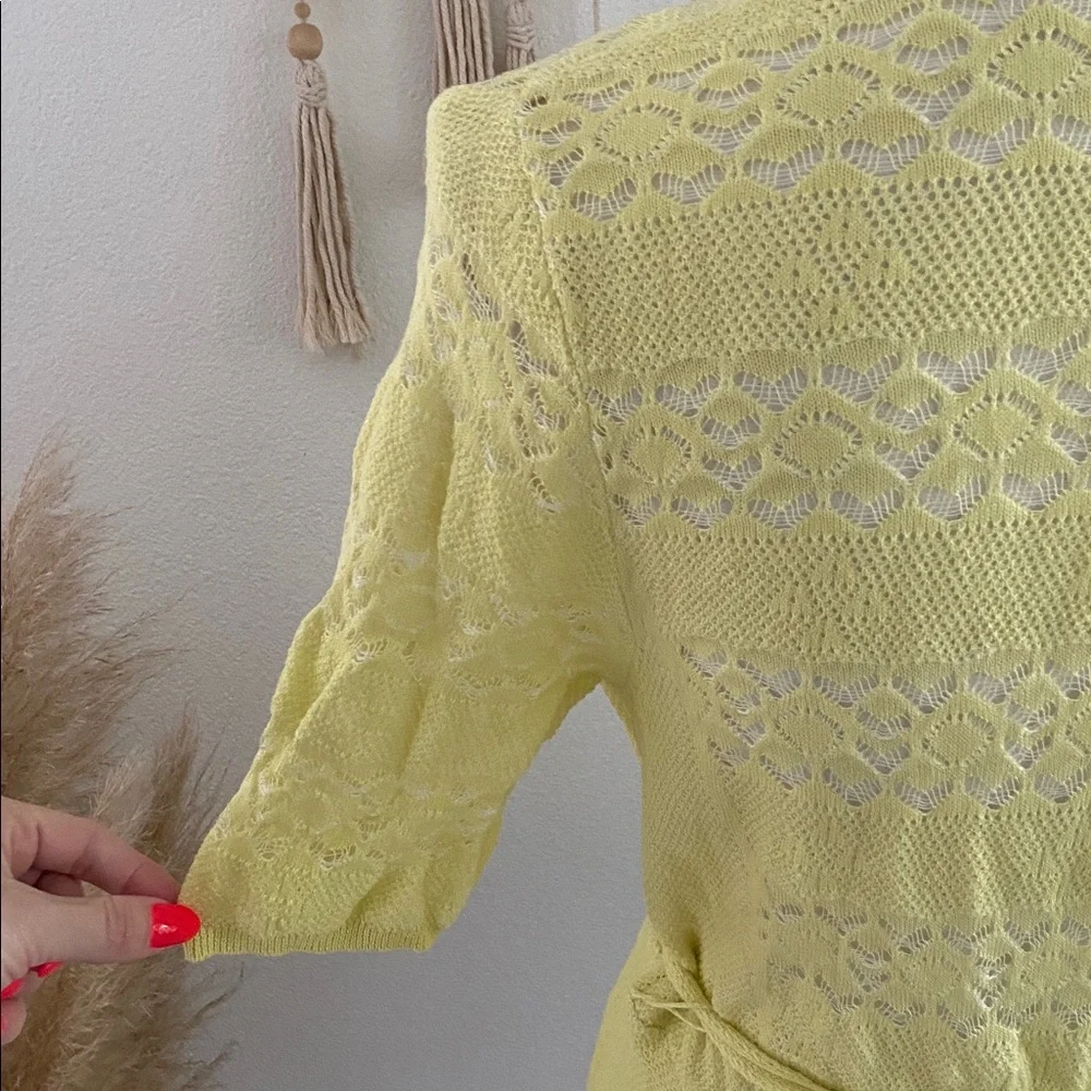 Anthropologie butter yellow crochet tie front sweater short sleeve summer S - Picture 9 of 15